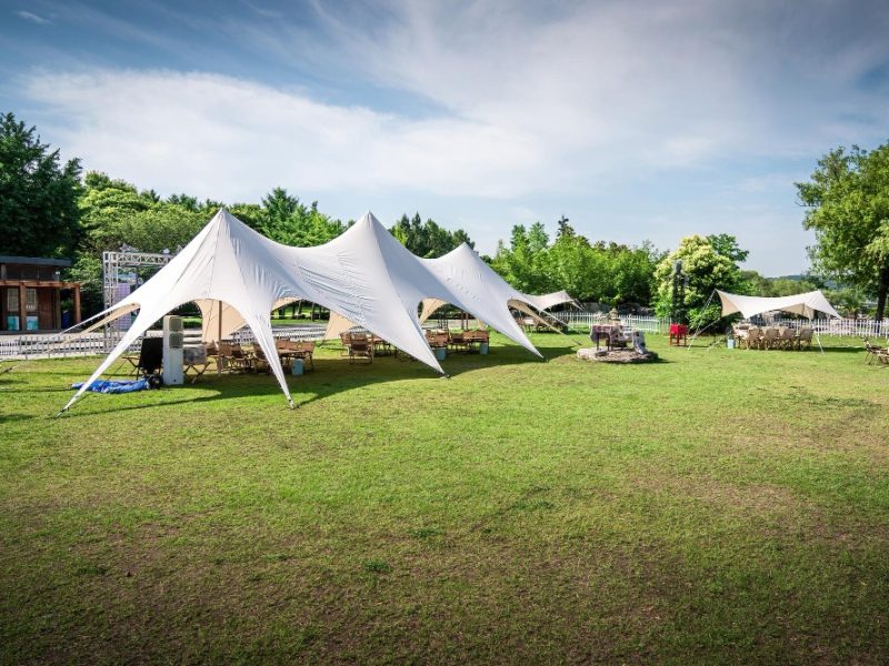 Multiple white star stretch tents set up on a green lawn for an outdoor event with tables and seating underneath in Gauteng